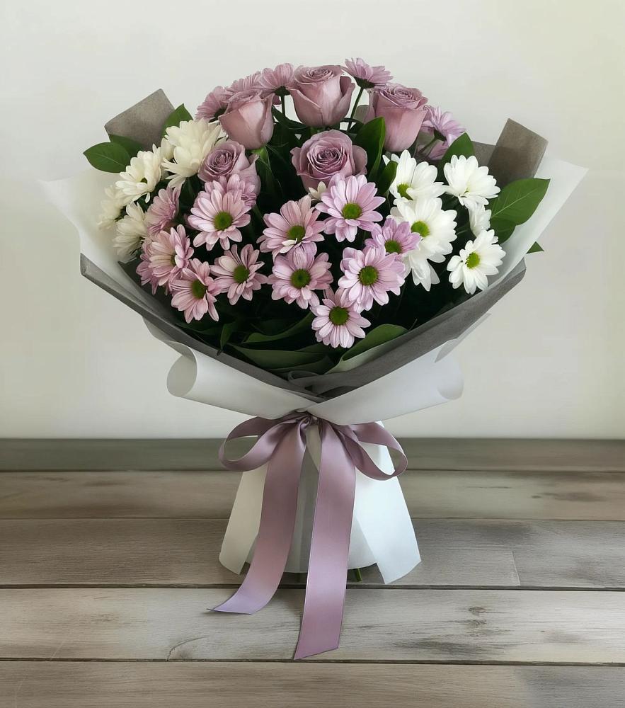 Букет цветов из: Хризантемы и Розы в Пешки