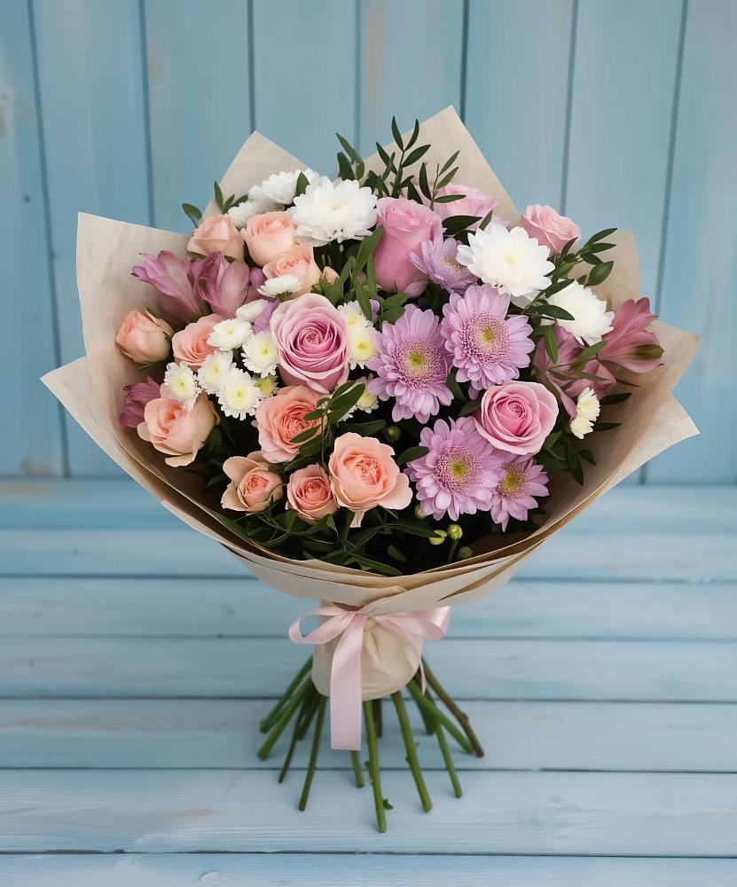 Букет цветов из: Хризантемы, Розы и Альстромерии в Пешки
