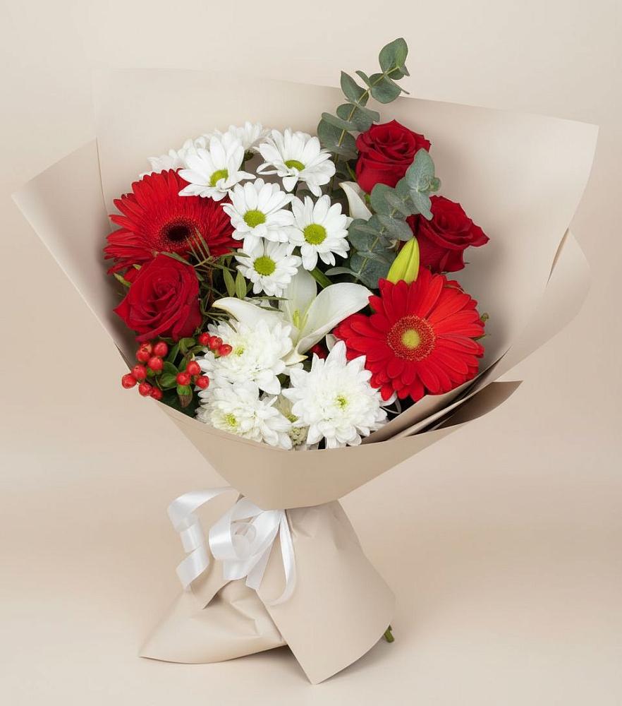 Букет цветов из: Розы, Хризантемы, Герберы и Лилии в Пешки