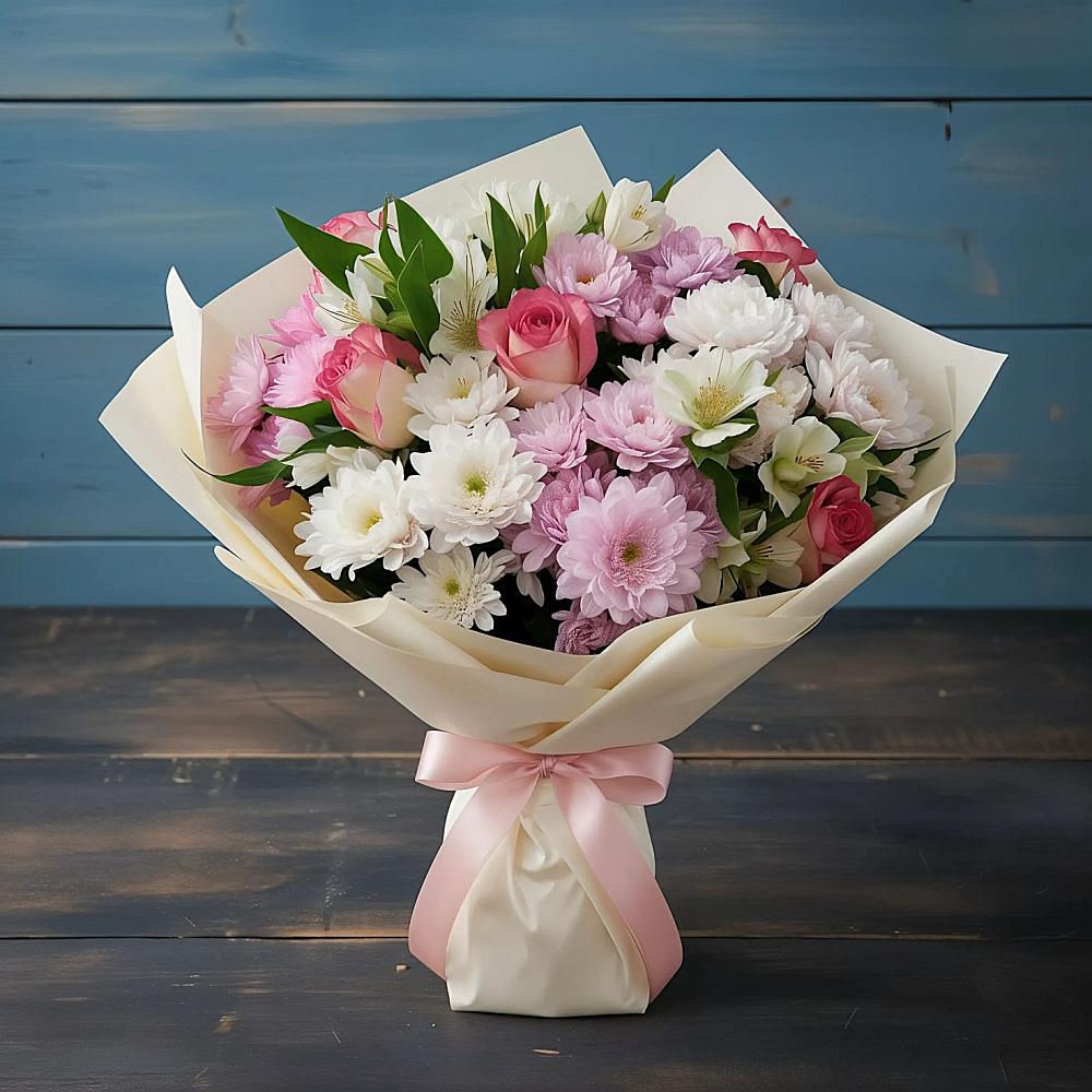 Букет цветов из: Хризантемы, Альстромерии и Розы в Пешки